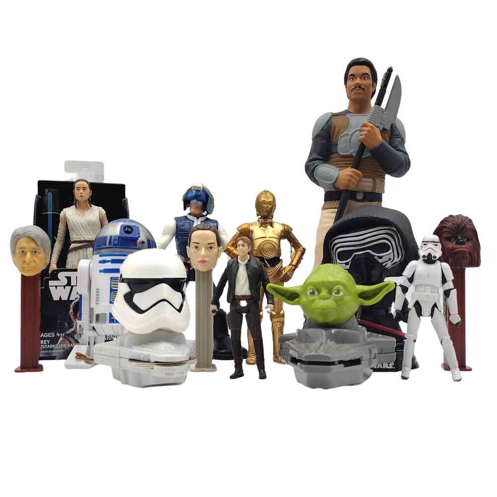 Star Wars Lot of 13 Toys Action Figures Collectibles PEZ Yoda Han Solo R2D2 Rey